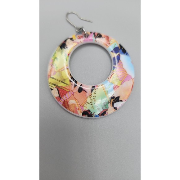Vintage Japanese Geisha Earrings 2" Dangle Hoop Asian - Picture 3 of 9